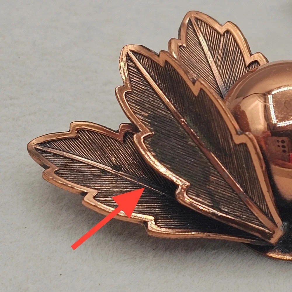 Vintage Copper Brooch Pins 2pc Leaf Botanical MCM Renoir Copper Bell